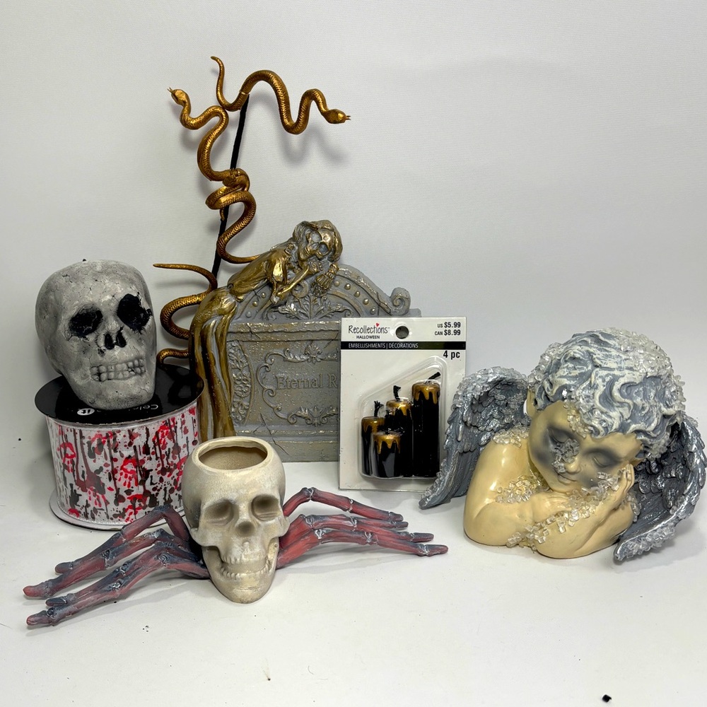 Spooky Halloween Decor Lot, skeletons, skulls, gravestone & Angel - Brand New!